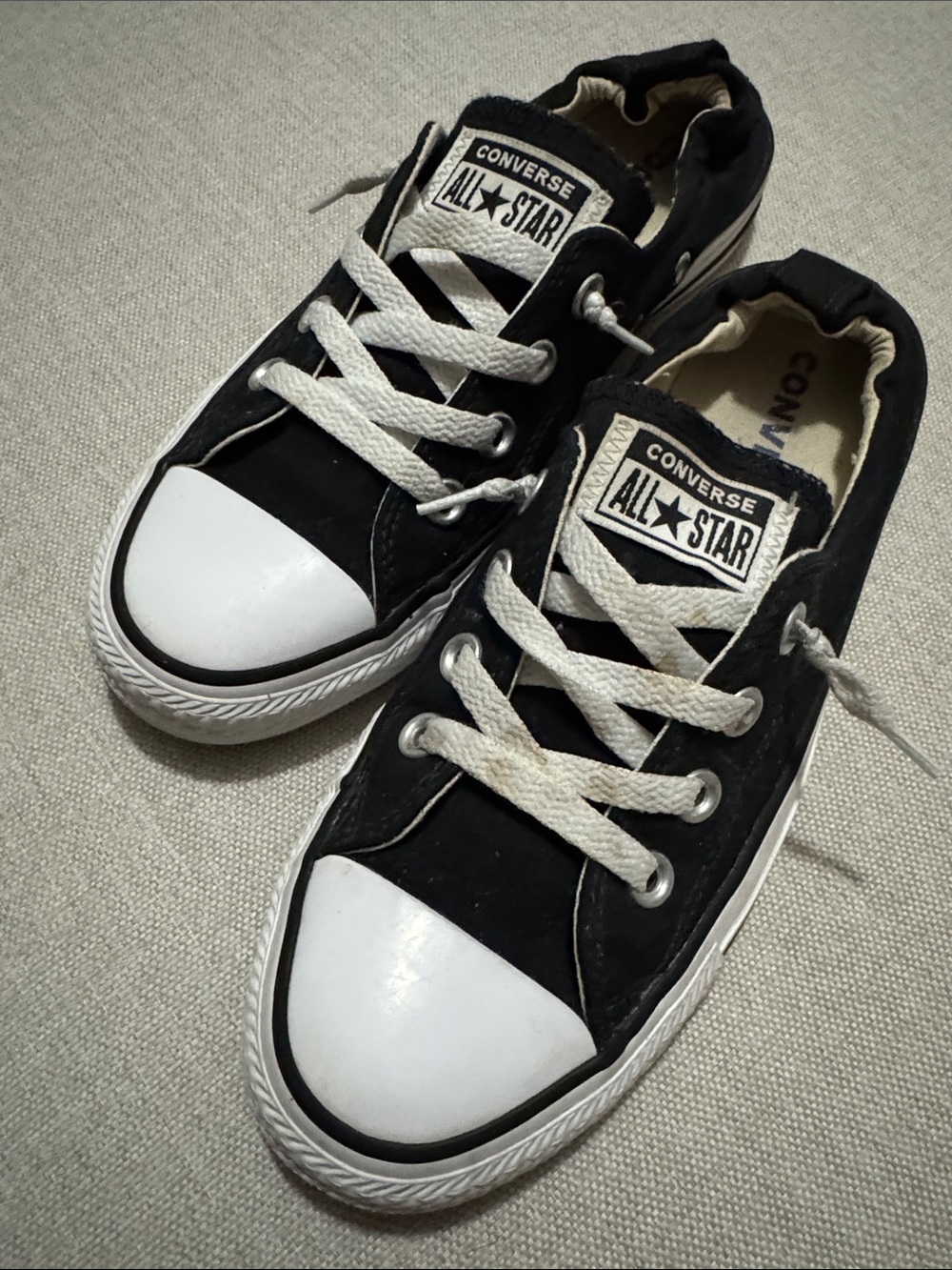 EUC Converse All Star Sneakers-Wmns 8-Black Canvas/White Soles-Pre Tied SlipOn